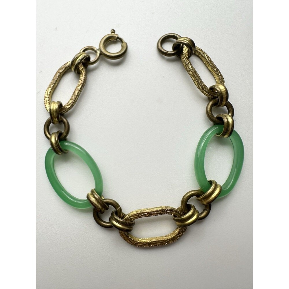 Antique Art Deco Green Stone Link Chain Bracelet 6.25”